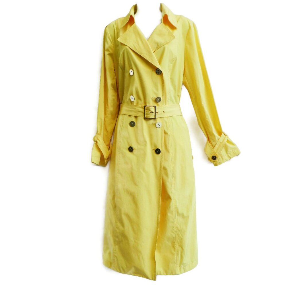 Worth New York USA Designer Yellow Trench Coat Double Breasted Belted Back Cape